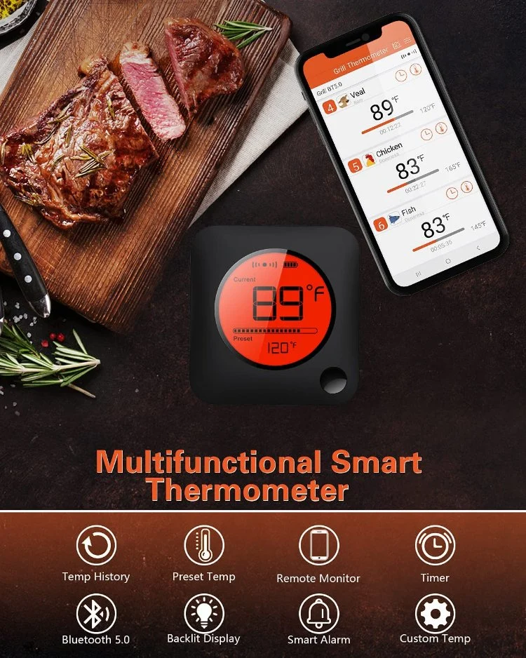 6 Meat Probe Wireless Meat Thermometer Cooking Food Meat Thermometer Wireless for Smoker BBQ Grill Thermometer